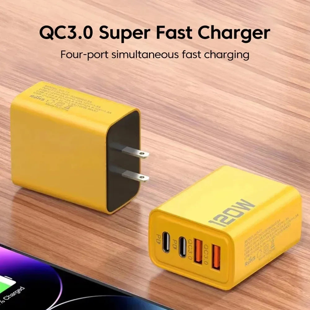 Total 120W 4-Port USB Type C Fast Wall Adapter for Quick Charge Mobile Phone - High-Speed Charging Dock for Phones Tablets