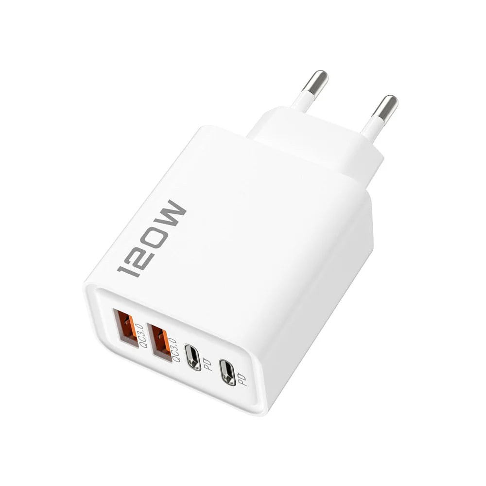 Total 120W 4-Port USB Type C Fast Wall Adapter for Quick Charge Mobile Phone - High-Speed Charging Dock for Phones Tablets